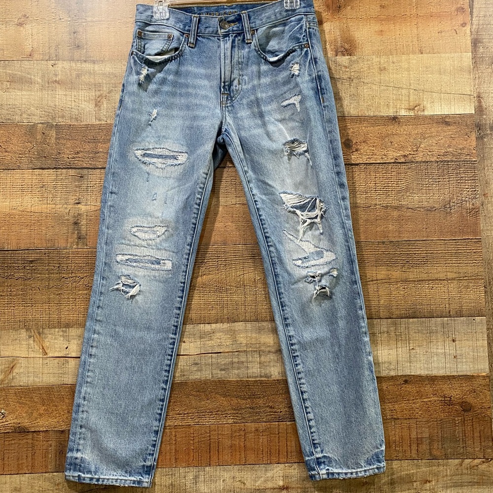 American Eagle Mens Light Wash Distressed & Patched Slim Straight Jeans Size 28